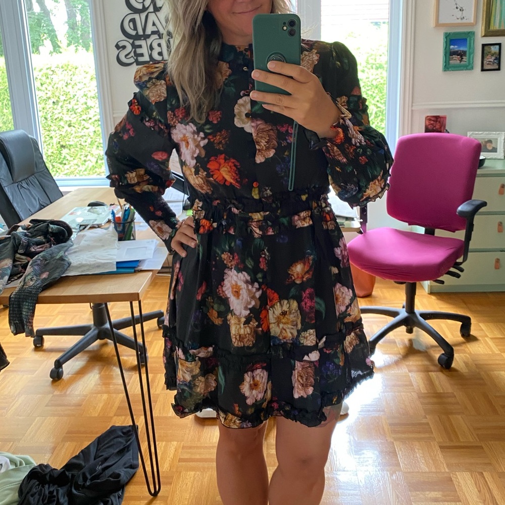 Simons Black Floral Long Sleeve Dress